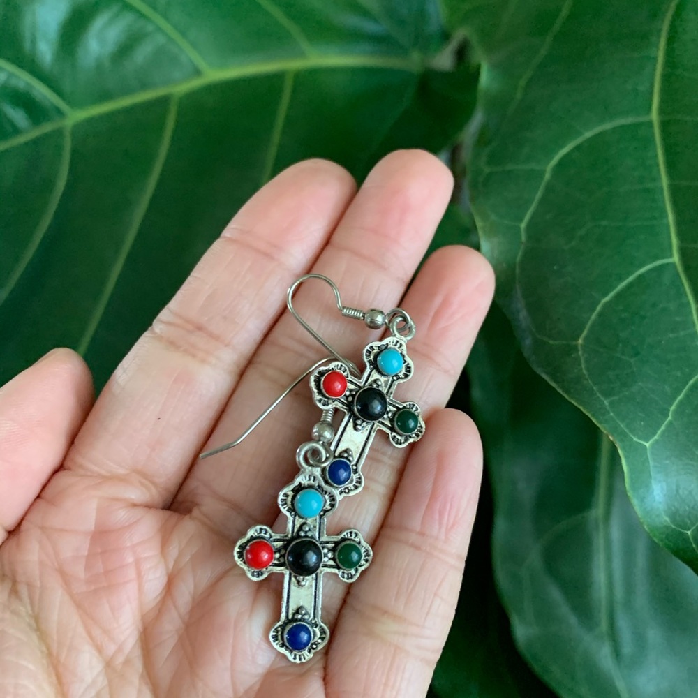 Multicolored vintage cross earrings